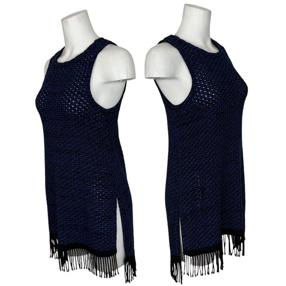 N/Nicholas Knit Fringe Tunic 8 Blue Sleeveless Sweater Scoop Neck Side Slits - Picture 3 of 12